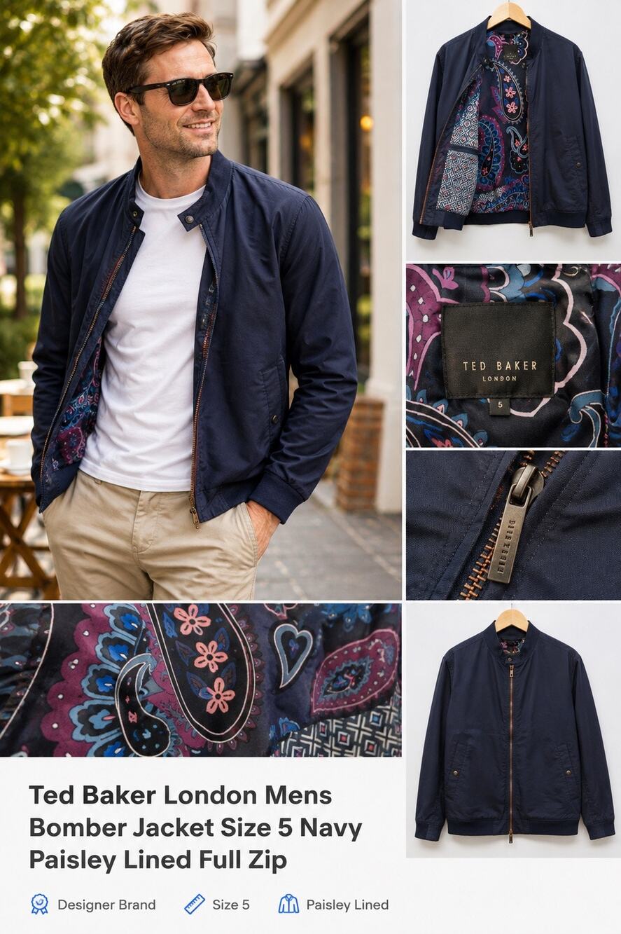 Ted Baker London Mens Bomber Jacket Size 5 Navy Paisley Lined Full Zip Designer